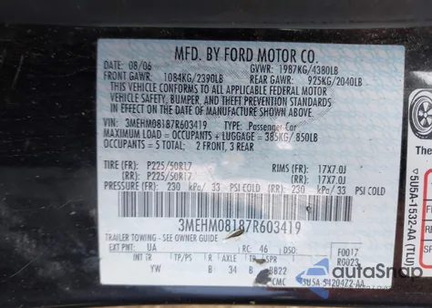 2007 Mercury Milan V6 Premier from USA, damaged, VIN 3MEHM08187R603419